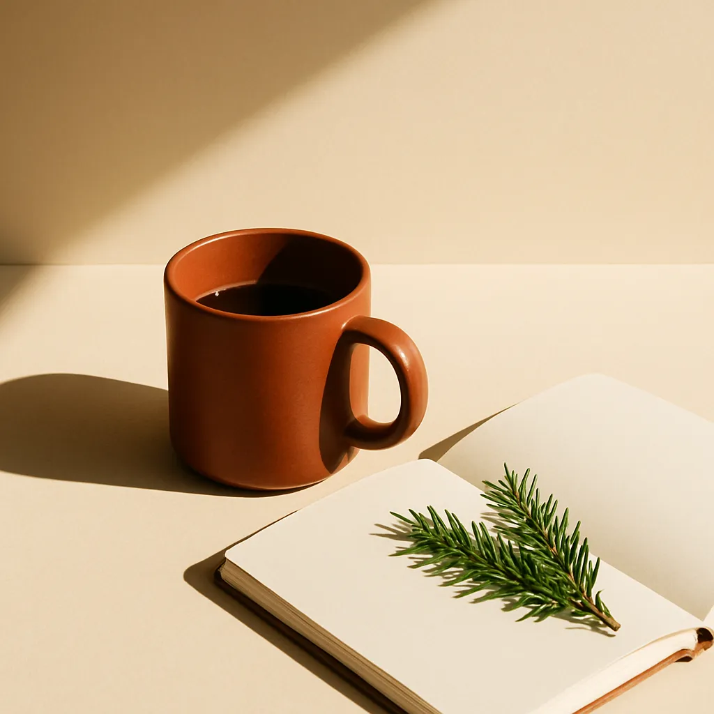 Editorial minimalist still life on a warm paper-white background with sharp daylight, an open notebook and a coffee, and a single bold persimmon-orange accent.