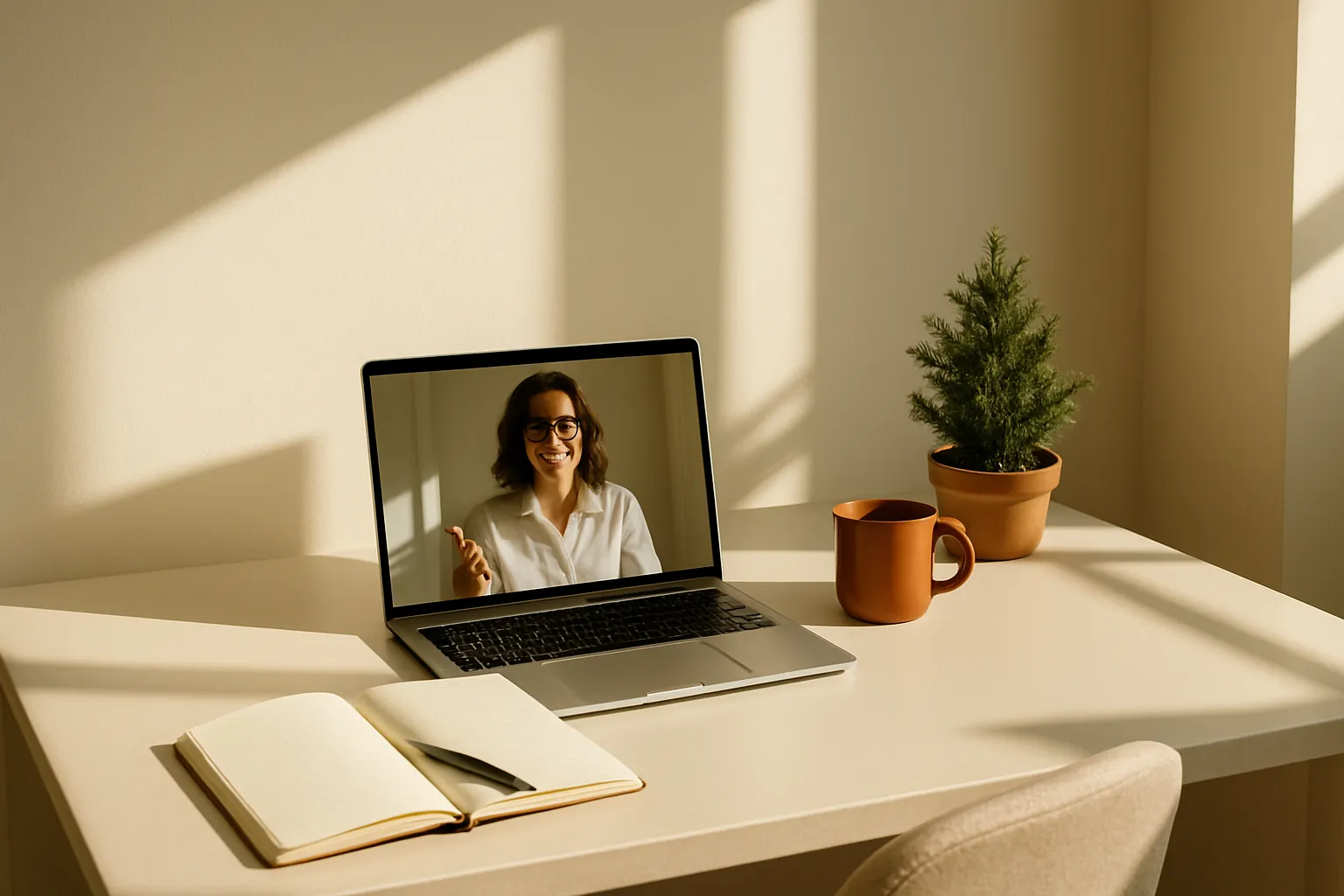Editorial high-contrast workspace in warm off-white with bold directional sunlight, a laptop on a video call, a notebook, and a single persimmon-orange accent object.